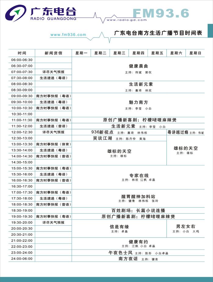 广东南方生活广播节目时间表