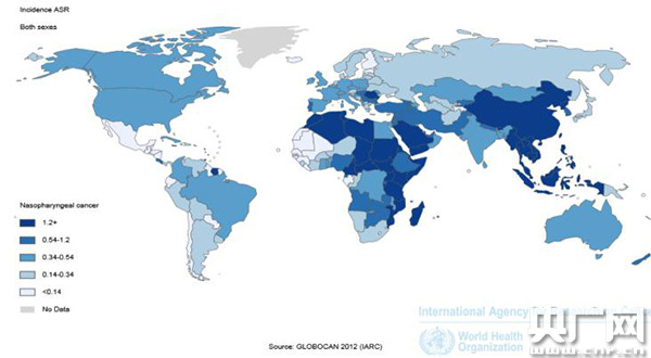 鼻咽癌发病率世界地图显示中国发病最高(数据来源www.iarc.fr)