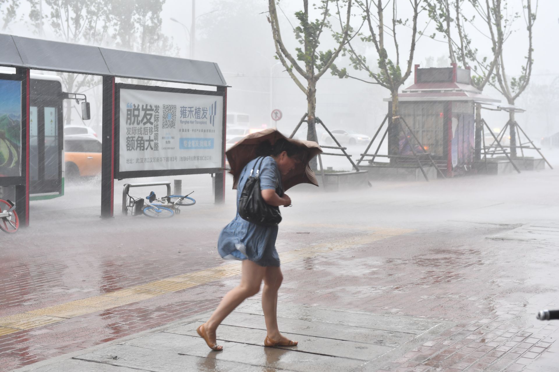 7月31日13时许,汉口芦沟桥路,天上电闪雷鸣,地面狂风暴雨.