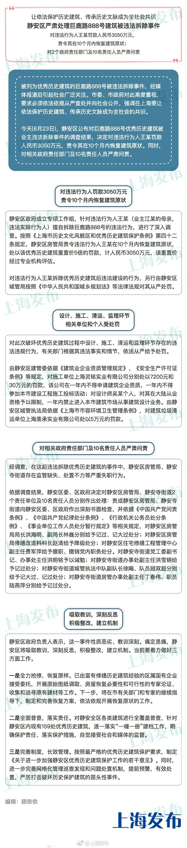 上海优秀历史建筑被拆续：对10名责任人员严肃问责