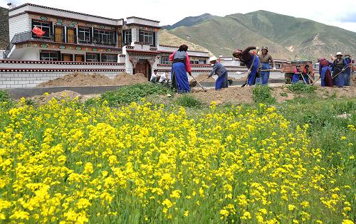 墨竹工卡县农民益西在自家的安居房前给亲戚打电话(7月4日摄).