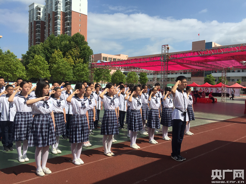 图为潜江市园林二中的学生进行禁毒宣誓 黄炎秋/摄