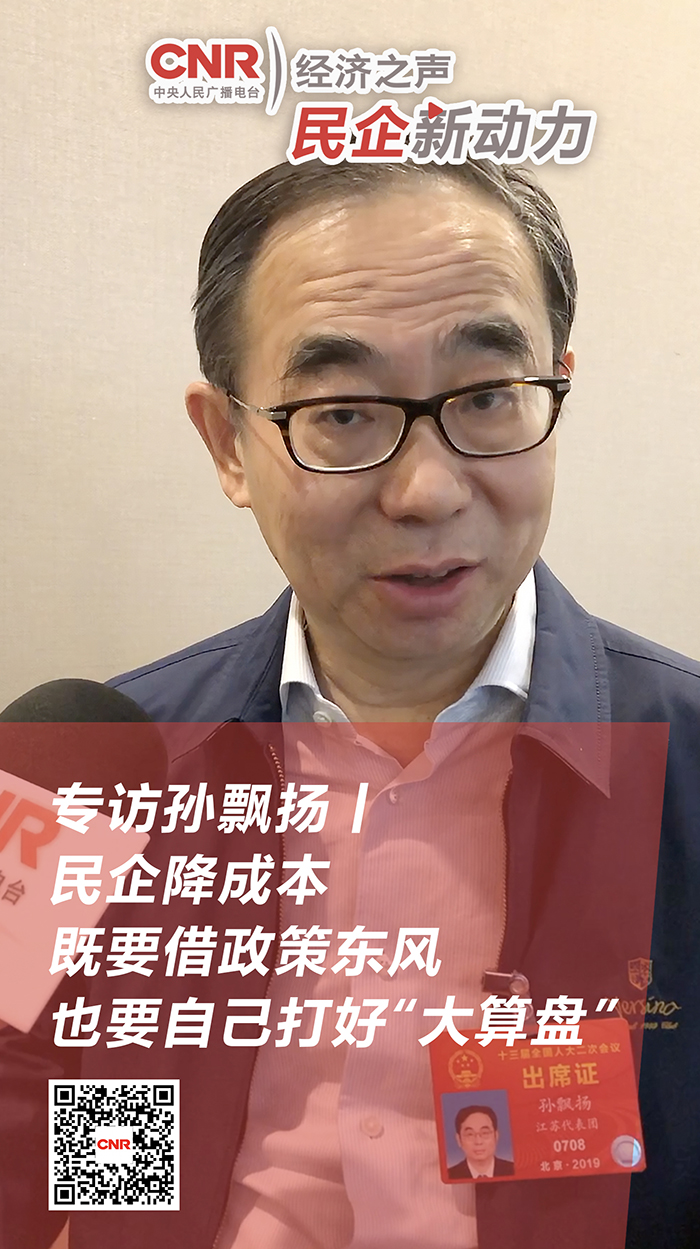 全国人大代表孙飘扬:民企降成本既要借政策东风 也要自己打好"大算盘"